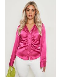 Boohoo Plus Ruched Satin Shirt - Pink
