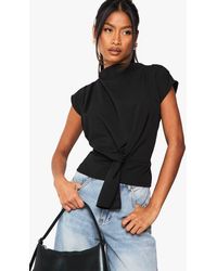 Boohoo - Crepe Knot Cowl Neck Blouse - Lyst