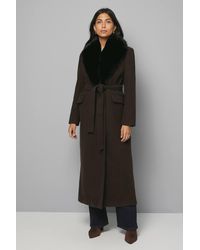 Wallis - Faux Fur Collar Tie Belt Coat - Lyst