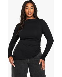 Boohoo - Plus Cotton Ruched Side Asymmetric Hem Long Sleeve Top - Lyst