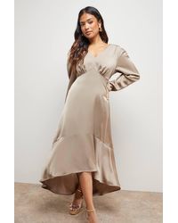 Oasis - Petite Satin Puff Sleeve V Neck High Low Hem Midi Dress - Lyst