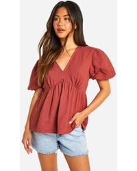 Boohoo - Puff Sleeve Cotton Tie Back Top - Lyst