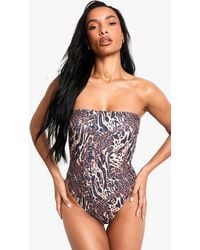 Boohoo - Petite Swimwear Essentials Leopard Bandeau Bathing Suit - Lyst