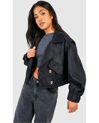 Boohoo - Petite Oversized Shoulder Detail Crop Trench - Lyst