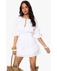 Boohoo - Cotton Lace Trim Ruffle Long Sleeve Mini Dress - Lyst