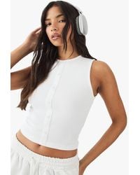 DSGN Studio - Square Script Embroidered Rib Fitted Button Through Sleeveless Top - Lyst