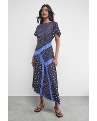 Warehouse - Satin Lace Panelled Asymmetric Midi Dress - Lyst
