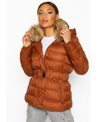 Boohoo Womens Parka mit Gürtel und Kunstfellkapuze - Braun