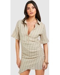 Boohoo - Stripe Wrap Short Sleeve Shirt Dress - Lyst