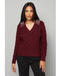 Wallis - Petite Cable Embellished Polo Collar Sweater - Lyst