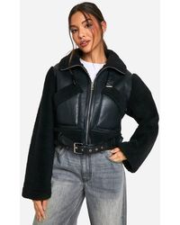 Boohoo - Cropped Borg Trim Aviator Jacket - Lyst