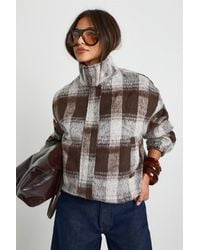 Boohoo - Funnel Neck Flannel Wool Look Bomber Jacket - Lyst