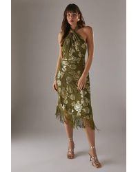 Warehouse - Metallic Chiffon Fringe Hem Halter Wrap Front Midi Dress - Lyst