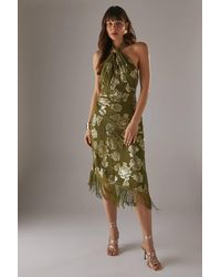 Warehouse - Metallic Chiffon Fringe Hem Halter Wrap Front Midi Dress - Lyst