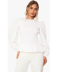 Boohoo - Long Sleeve Shirred Frill Hem Top - Lyst
