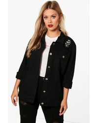 Boohoo Womens Plus Jemima Twill-Jacke in Destroyed-Optik - Schwarz