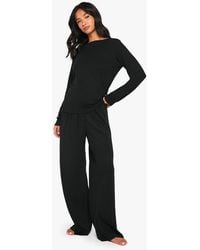 Boohoo - Petite Pointelle Long Sleeve Top And Wide Leg Trouser Pyjama Set - Lyst