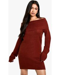 Boohoo - Rib Bardot Neckline Mini Jumper Dress - Lyst