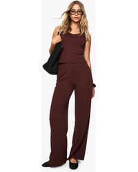 Boohoo - Ribbed Thick Binding V-Neck Vest Top And Straight Leg Trouser Co-Ord - Lyst