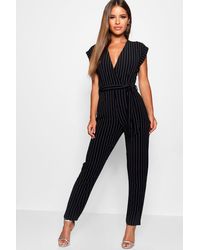 Boohoo Womens Petite Pinstripe Wrap Over Jumpsuit - Black
