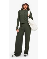 Boohoo - Rib Button Through Long Sleeve Top And Wide Leg Trouser Co-Ord - Lyst