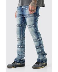 Boohoo - Tall Slim Rigid Flare Embellished Strap Detail Jeans - Lyst