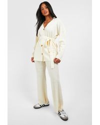 Boohoo - Slouchy Belted Cardigan And Wide Leg Knit Set - Lyst
