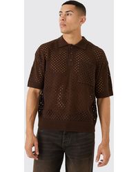 BoohooMAN - Boxy Crochet Dropped Shoulder V Neck Polo In Brown - Lyst