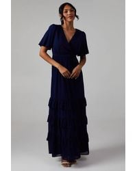 Oasis - V Neck Puff Sleeve Tiered Georgette Bridesmaid Dress - Lyst
