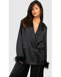 Boohoo - Matte Satin Double Breasted Feather Trim Blazer - Lyst
