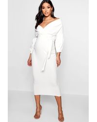 Boohoo Maternity Off The Shoulder Wrap Midi Dress - White