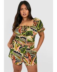 Boohoo - Plus Linen Feel Paisley Print Puff Sleeve Ruched Crop Top - Lyst
