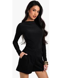 Boohoo - Top Ceñido De Manga Larga Y Tela Doble Con Escote Oblicuo - Lyst