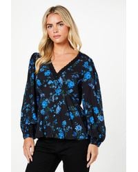 Dorothy Perkins - Petite Floral Long Sleeve Lace Trim Button Front Tea Blouse - Lyst