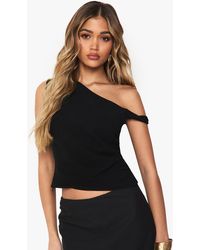 Boohoo - Twist Detail Off The Shoulder Linen Look Crop Top - Lyst