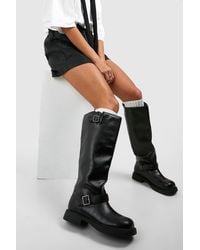 Boohoo - Wide Fit Double Buckle Chunky Knee High Biker Boots - Lyst