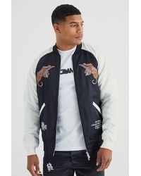 Boohoo - Regular Satin Souvenir Bomber With Embroidery - Lyst
