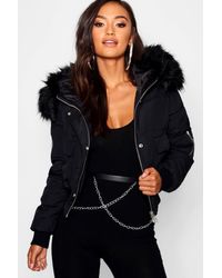 Boohoo Black Faux Fur Hood Crop Puffer Jacket | Lyst