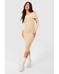 Boohoo - Petite Brushed Rib Bardot Shoulder Tie Midaxi Dress - Lyst