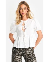 Boohoo - Textured Tie Front Puff Sleeve Smock Top - Lyst