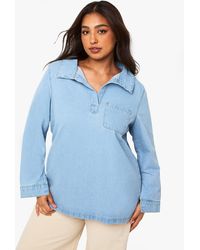 Boohoo - Plus Collared V Neck Denim Top - Lyst
