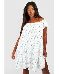 Boohoo - Plus Floral Textured Off Shoulder Tiered Smock Dress - Lyst