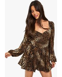 Boohoo - Animal Print Split Sleeve Romper - Lyst