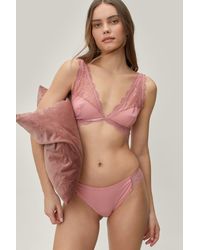 Boohoo Lace Trim Mesh Plunging Bralette And High Leg Panty Set - Pink