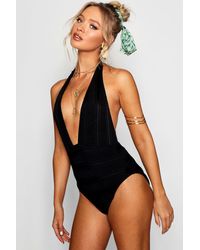Boohoo Womens Textured Plunge Swimsuit - Schwarz