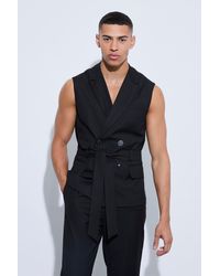 BoohooMAN - Sleeveless Belted Double Breasted Blazer - Lyst