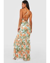 Boohoo Petite Floral Tiered Ruffle Fitted Maxi Dress - Green