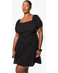 Boohoo - Plus Linen Puff Sleeve Mini Skater Dress - Lyst