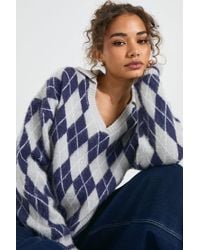 Boohoo - Soft Knit Oversized Argyle Collared Jumper - Lyst