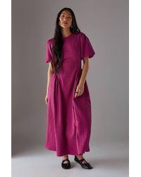 Warehouse - Petite Seersucker Organza Godet Side Puff Sleeve Midi Dress - Lyst